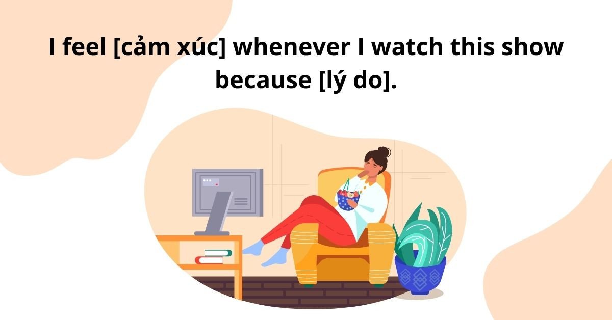 Một cô gái trẻ đang cười và thưởng thức chương trình TV, thể hiện cảm xúc khi xem và cách diễn tả trong đoạn văn tiếng Anh.