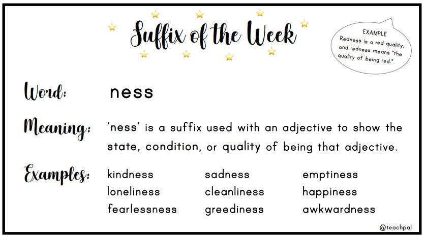 Một cuốn sách ngữ pháp tiếng Anh mở ra, minh họa quy tắc tạo danh từ bằng hậu tố -ness.