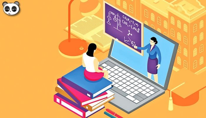 Một giáo viên đang giảng bài trực tuyến qua màn hình máy tính, minh họa sự linh hoạt của giáo dục từ xa.