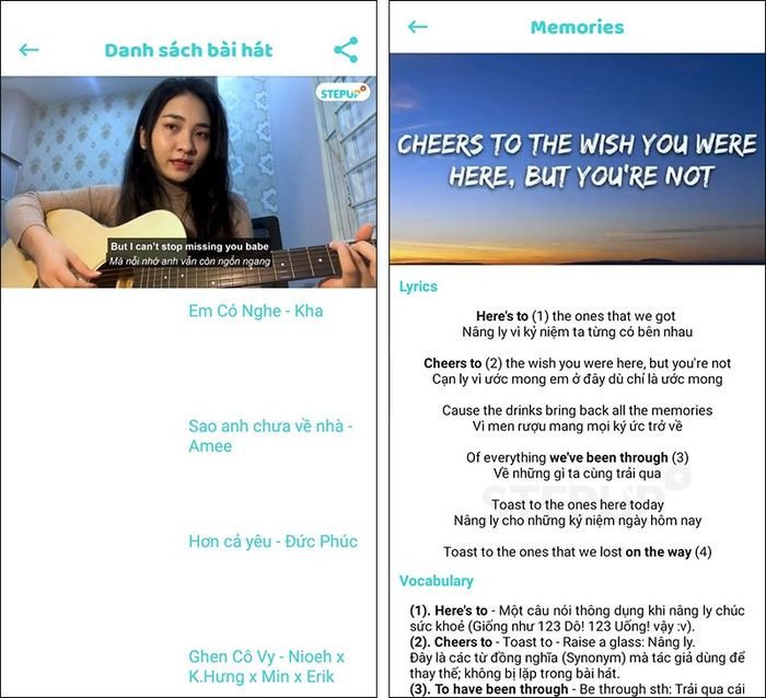 Người dùng học từ vựng tiếng Anh qua các bài hát song ngữ trên ứng dụng Hack Não