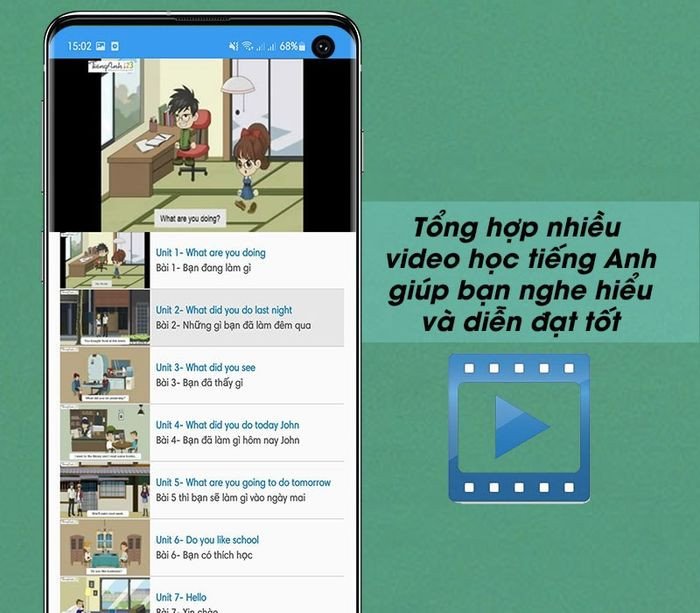 Người dùng xem video hướng dẫn cải thiện giao tiếp tiếng Anh trên ứng dụng.