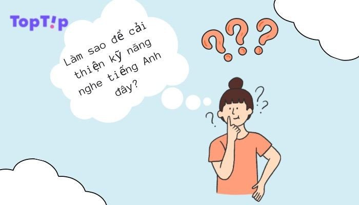 Người phụ nữ đeo tai nghe chăm chú luyện nghe tiếng Anh, tập trung cải thiện kỹ năng nghe.