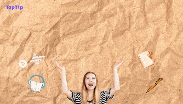 Người phụ nữ đeo tai nghe, tập trung nghe và lặp lại tiếng Anh để luyện kỹ năng nghe hiệu quả