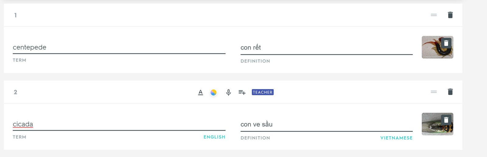 Thêm từ vựng và định nghĩa vào bộ thẻ Quizlet