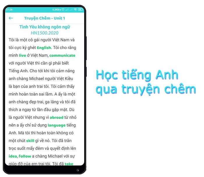 Tính năng học từ vựng tiếng Anh qua truyện chêm trên ứng dụng Hack Não