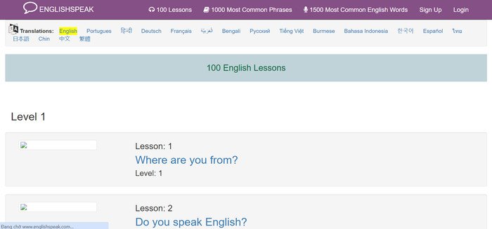 Trang chủ Englishspeak.com với các bài học tiếng Anh tập trung vào kỹ năng giao tiếp và hội thoại