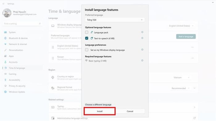 Tùy chọn các tính năng ngôn ngữ đi kèm khi cài đặt Tiếng Việt cho Windows 11