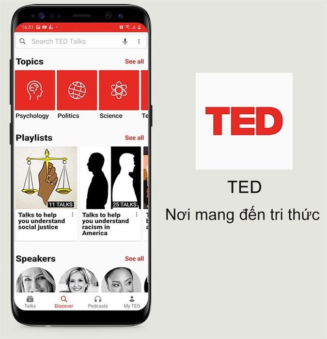 Ứng dụng TED với màn hình phát bài thuyết trình có phụ đề, hỗ trợ luyện nghe tiếng Anh