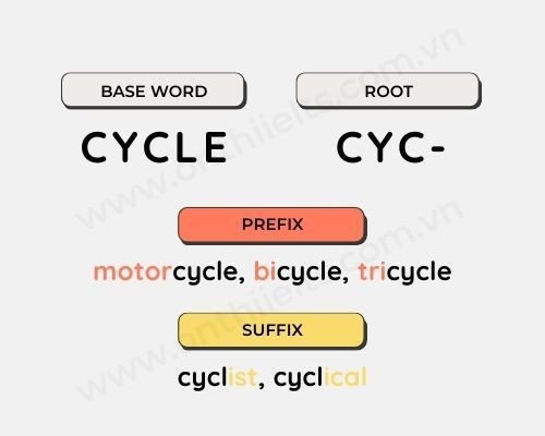Ví dụ minh họa từ gốc, tiền tố và hậu tố giúp tạo từ mới