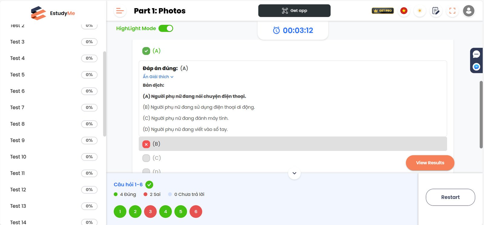 Xem kết quả và giải thích bài nghe trên EstudyMe