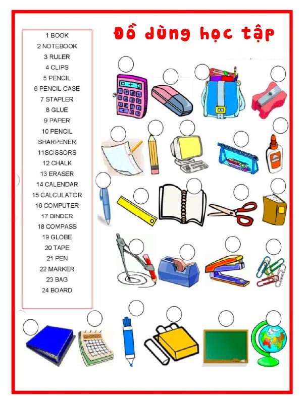 Bài tập điền từ vựng tiếng Anh về đồ dùng học tập