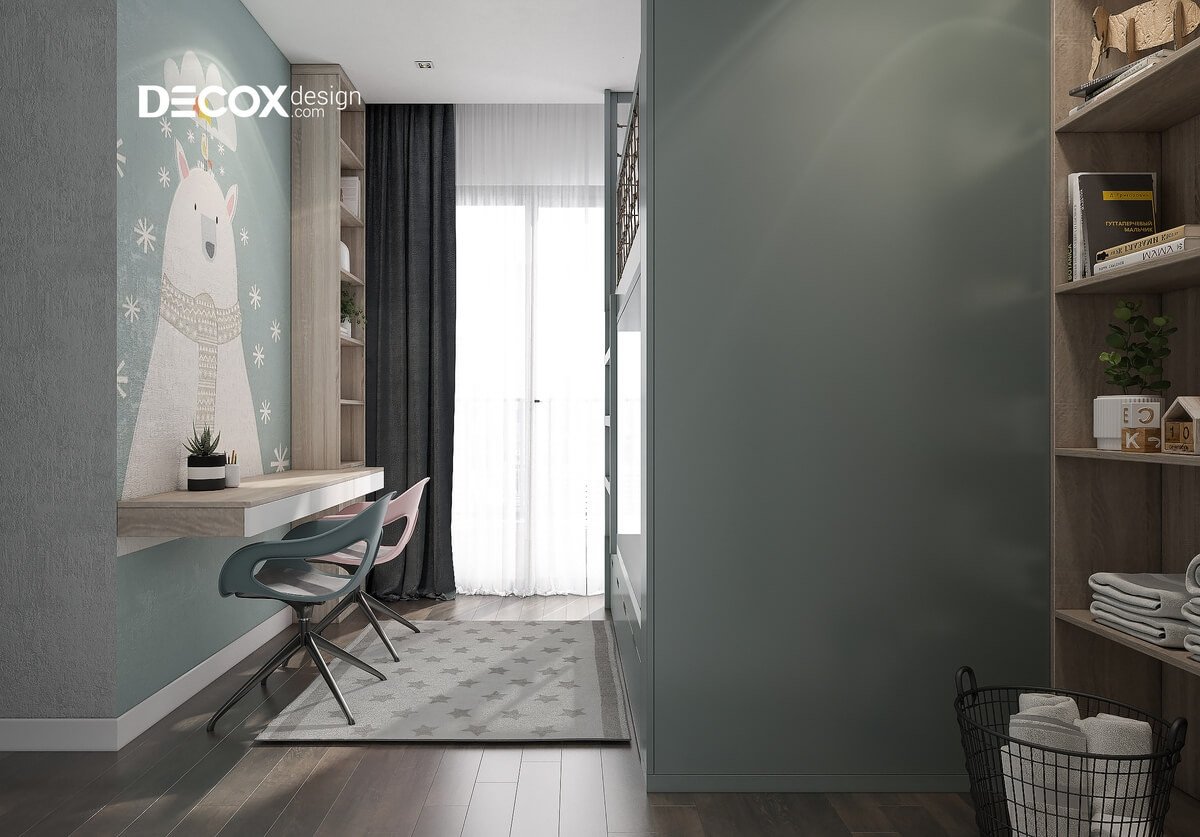 Bàn ghế được thiết kế tinh gọn rất phù hợp với một không gian nhỏ hẹp của góc học tập cho bé