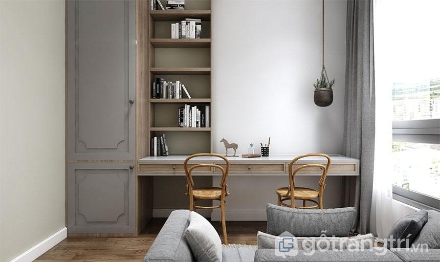 Bàn học đôi đẹp hiện đại với không gian riêng biệt cho mỗi bé.