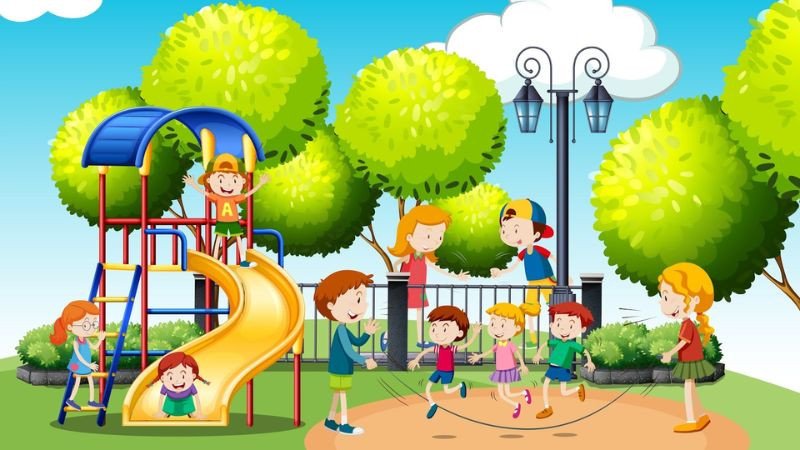 Bạn nhỏ chơi nhảy dây trong công viên, hình ảnh học tập cute hoạt bát