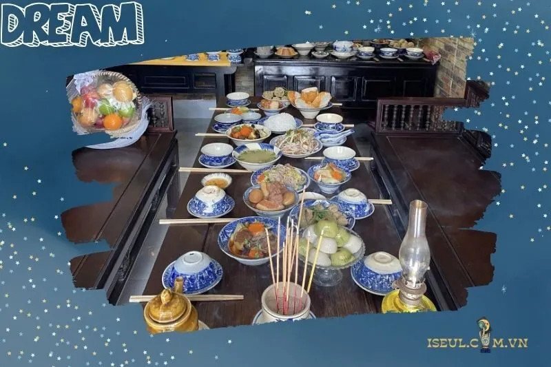 Bàn thờ cúng giỗ truyền thống với mâm cúng và hương khói, liên quan đến con số may mắn khi nằm mơ thấy đám giỗ