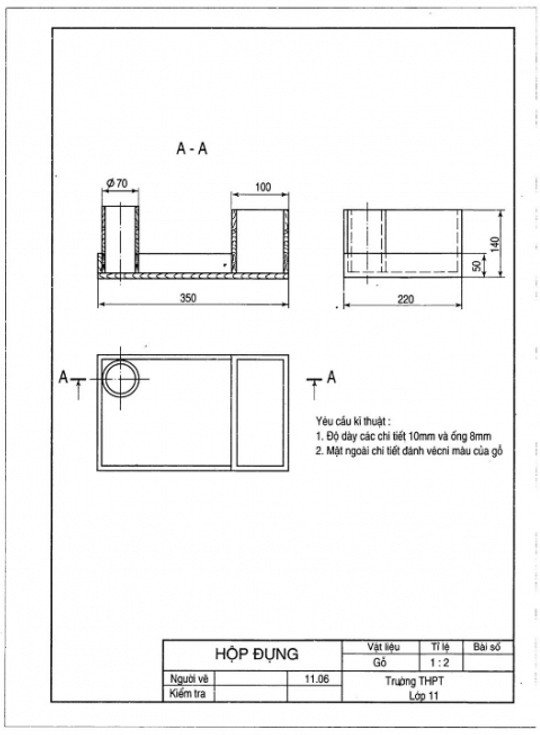 Bản vẽ kỹ thuật chi tiết hộp đựng đồ dùng học tập bao gồm kích thước và bố cục