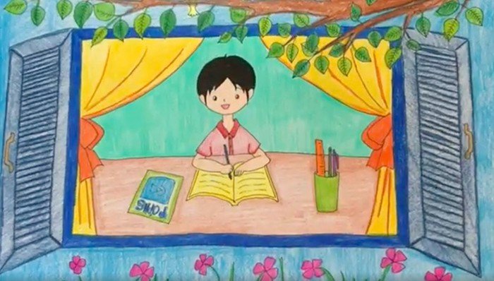Bức tranh vẽ học sinh đang miệt mài học tập và khám phá tri thức mới