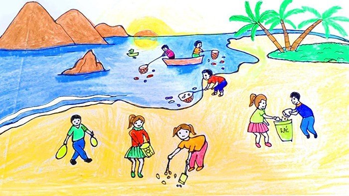 Bức vẽ về đề tài học tập thể hiện các em nhỏ đang làm sạch bãi biển