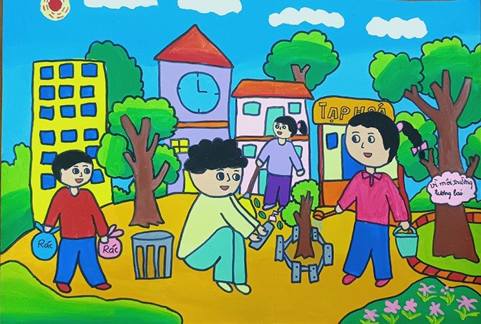 Các em học sinh cùng nhau dọn dẹp vệ sinh đường phố