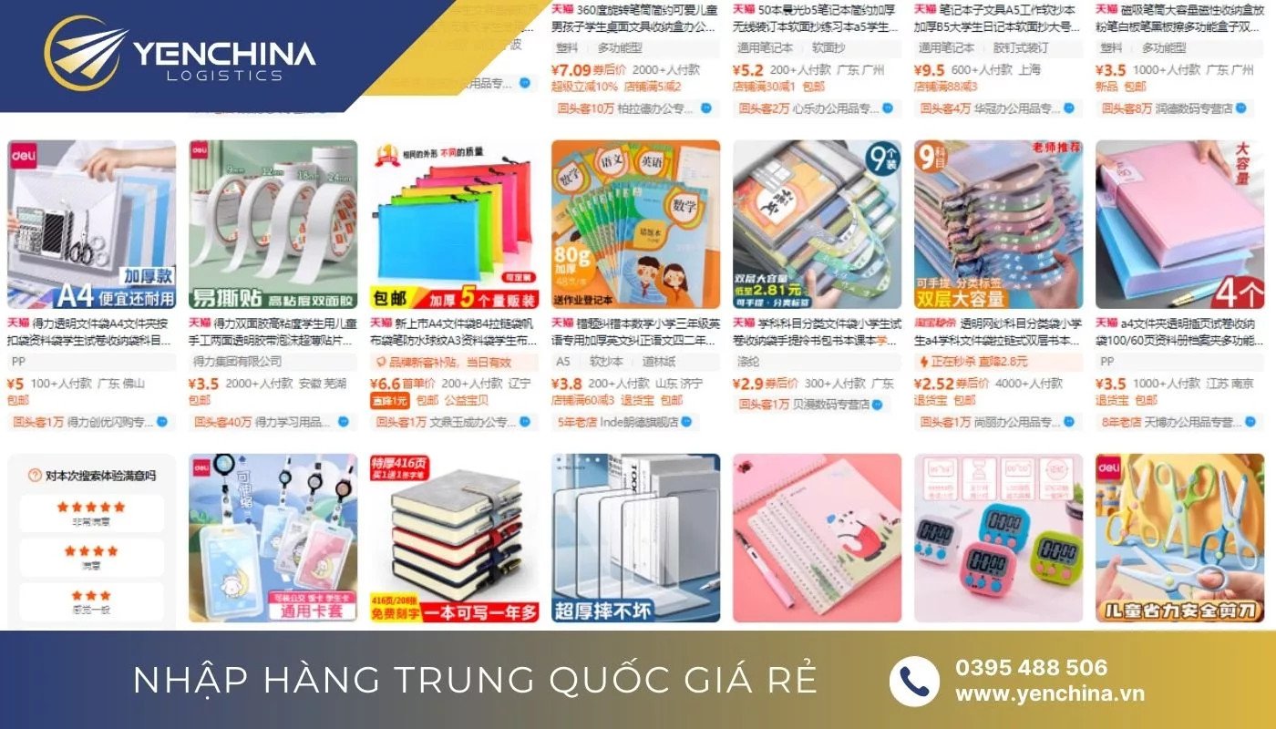 Giao diện các sàn thương mại điện tử Trung Quốc hiển thị đa dạng mặt hàng đồ dùng học tập, văn phòng phẩm.