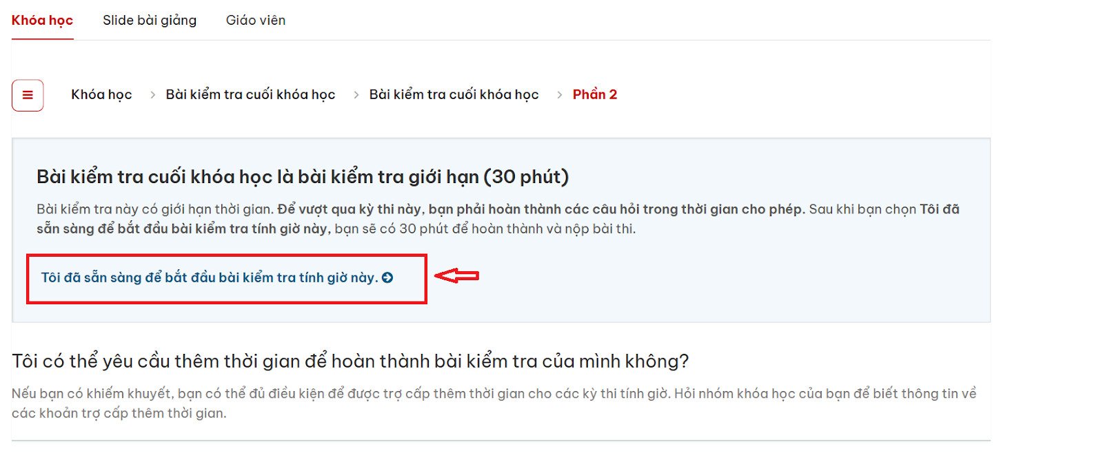 Giao diện hiển thị nút bắt đầu làm bài kiểm tra trong một chương trình học tập trực tuyến