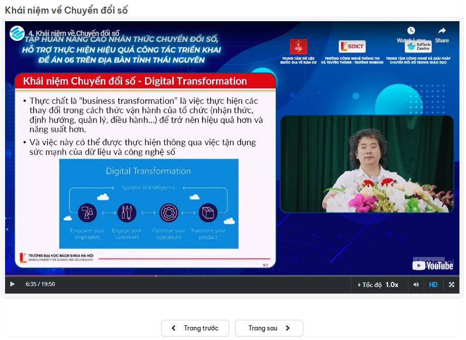 Giao diện học tập qua video bài giảng với các câu hỏi tương tác