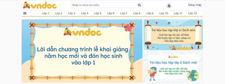 Giao diện Vndoc.com, một trong các web bán tài liệu học tập phổ biến, hiển thị danh mục tài liệu đa dạng.