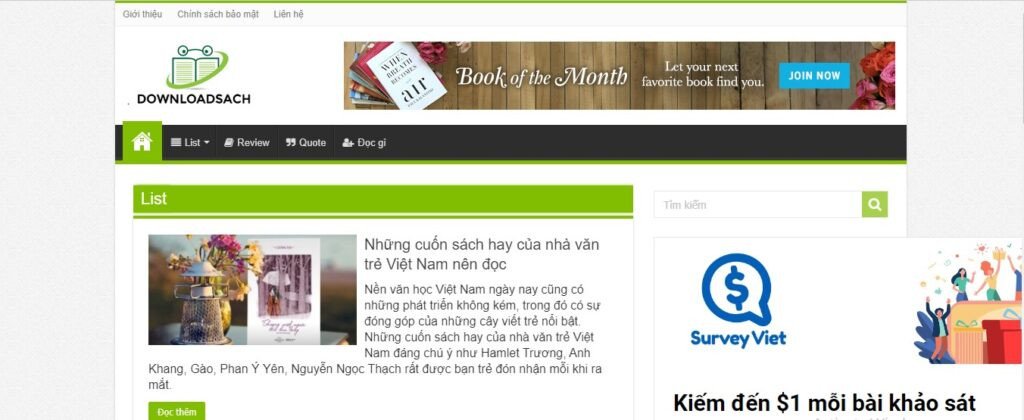 Giao diện website Downloadsach.com hiển thị nhiều đầu sách điện tử