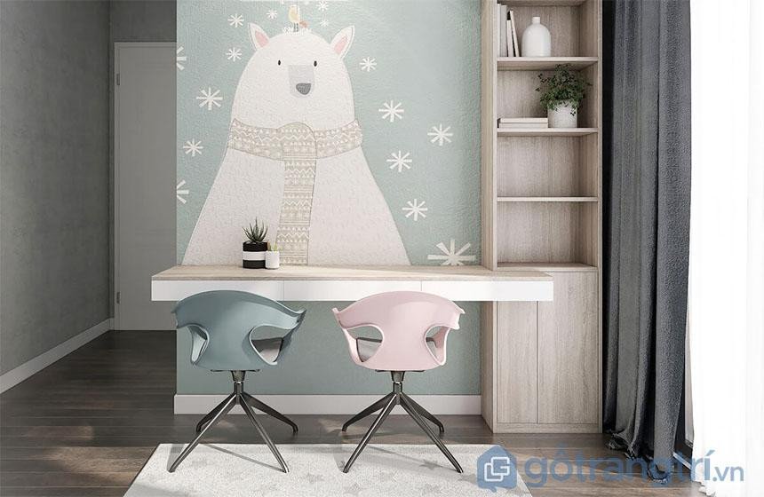 Góc học tập đẹp cho hai bé với bàn đôi và kệ sách chia ngăn tiện lợi.