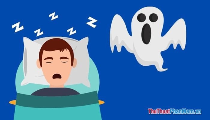 Hình ảnh ma hiện hình đáng sợ trong giấc mơ, biểu thị sự lo lắng và bất ổn.