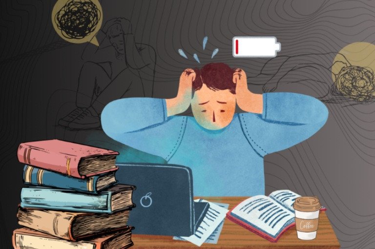 Hình ảnh một học sinh mệt mỏi, thiếu động lực với sách vở, biểu hiện của burn-out trong học tập.