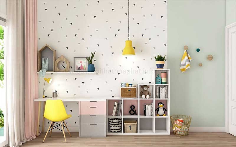 Hình nền góc học tập chill sử dụng giấy dán tường hoa văn bắt mắt