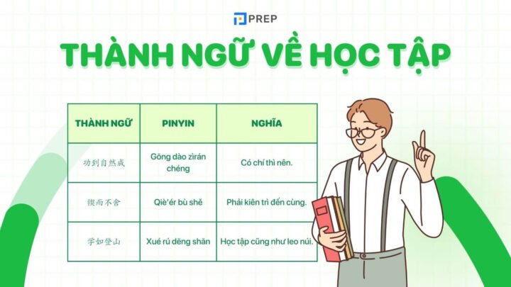 Học sinh chăm chỉ đọc sách với hình ảnh chữ Hán, minh họa thành ngữ tiếng Trung về học tập