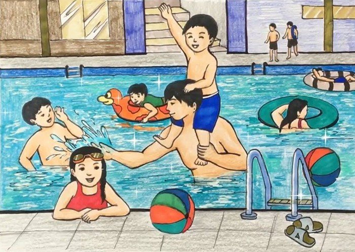 Học sinh đang học bơi một cách vui vẻ