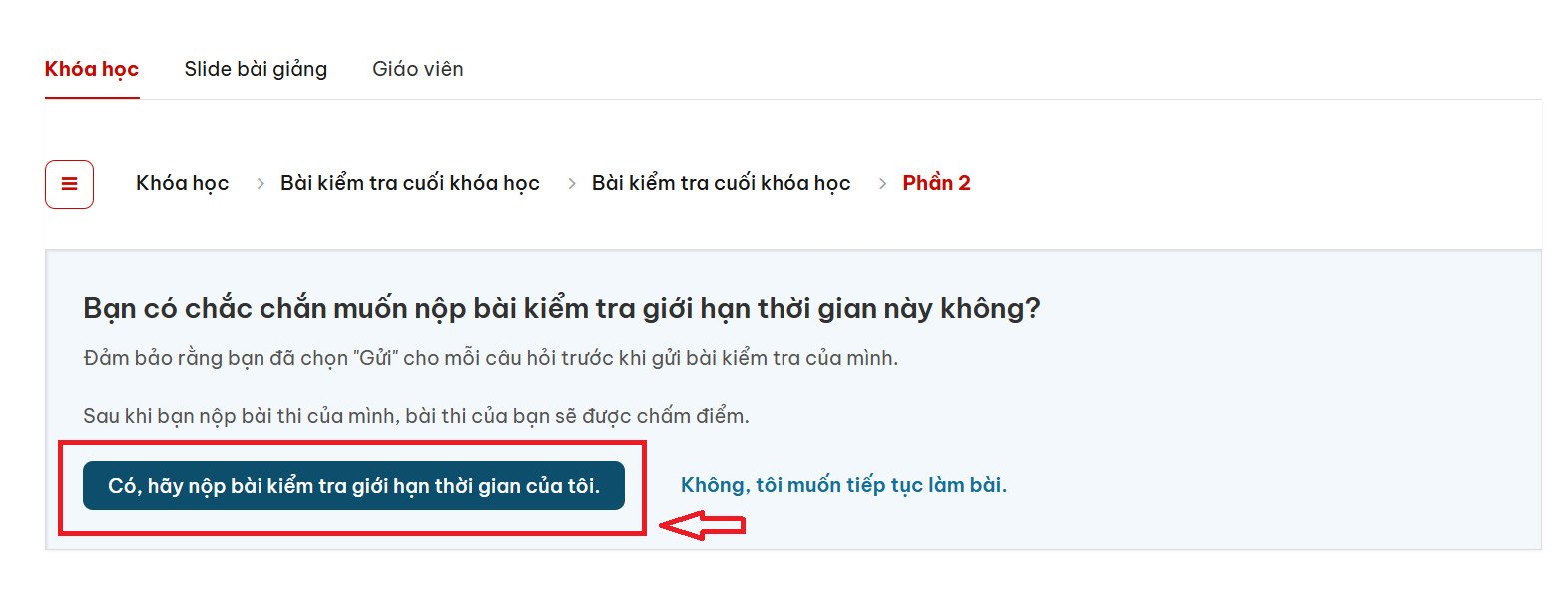 Hộp thoại xác nhận nộp bài kiểm tra cuối khóa học trực tuyến