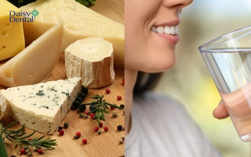 Ly nước lọc và các thực phẩm giàu canxi, minh họa cho chế độ dinh dưỡng cần thiết để bảo vệ sức khỏe răng miệng toàn diện.