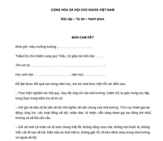 Mẫu bản cam kết chung giữa học sinh và phụ huynh về quá trình học tập