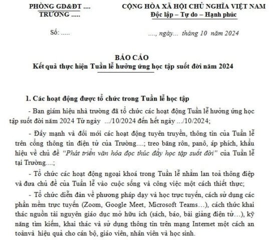 Mẫu báo cáo tuần lễ học tập suốt đời 2024 chi tiết