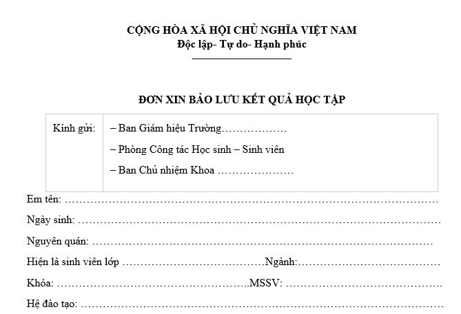 Mẫu đơn xin bảo lưu kết quả học tập