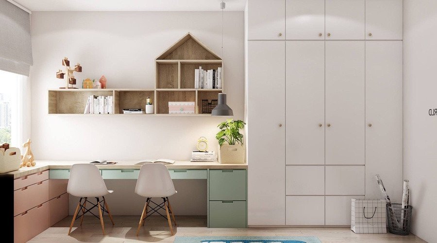 Mẫu trang trí góc học tập cho bé tiểu học với bàn ghế tiện lợi và kệ sách