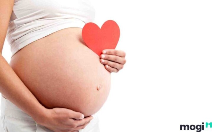 Người phụ nữ đang ôm bụng bầu thể hiện sự hạnh phúc và mong chờ