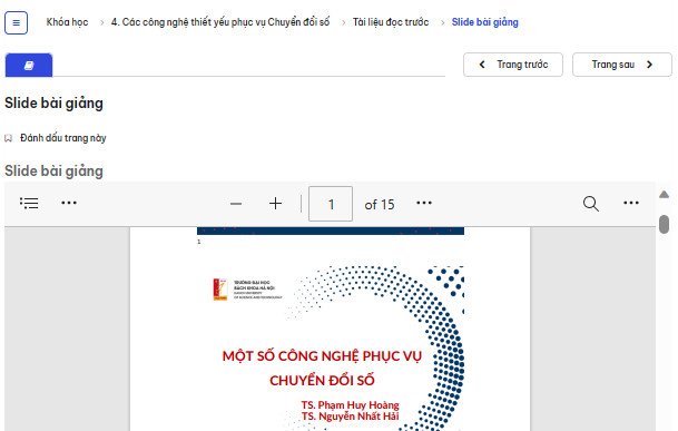 Nội dung chi tiết của một tài liệu đọc trước trong chương trình học tập, có các nút điều hướng