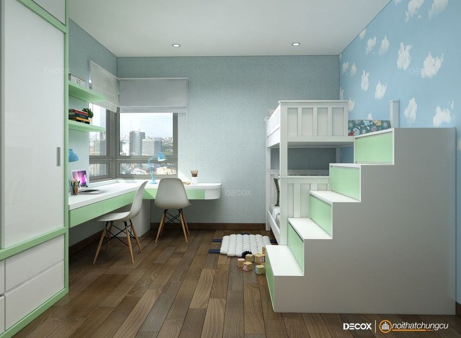 Thiết kế góc học tập cho bé với màu sắc đồng bộ với các chi tiết khác trong phòng ngủ đã tạo nên một tổng thể hoàn mỹ