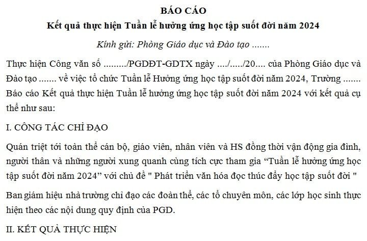 Trang thứ hai của mẫu báo cáo thực hiện tuần lễ học tập suốt đời