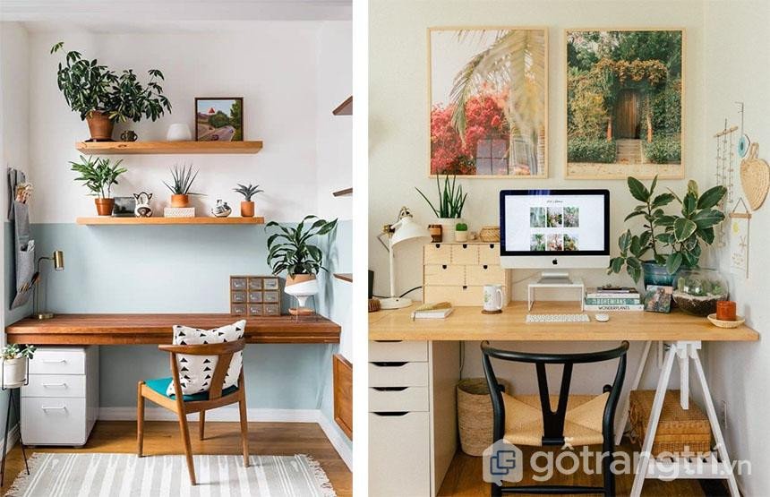 Trang trí tường với khung tranh, kệ treo và các vật dụng cá nhân hóa.