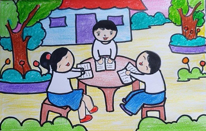 Tranh vẽ đề tài học tập nhóm, củng cố kiến thức cùng bạn bè