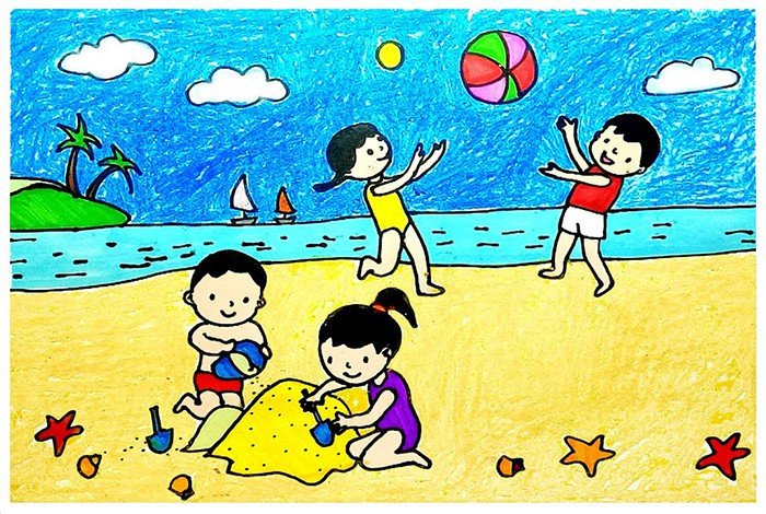 Tranh vẽ đề tài học tập về cảnh gia đình vui chơi trên bãi biển xanh