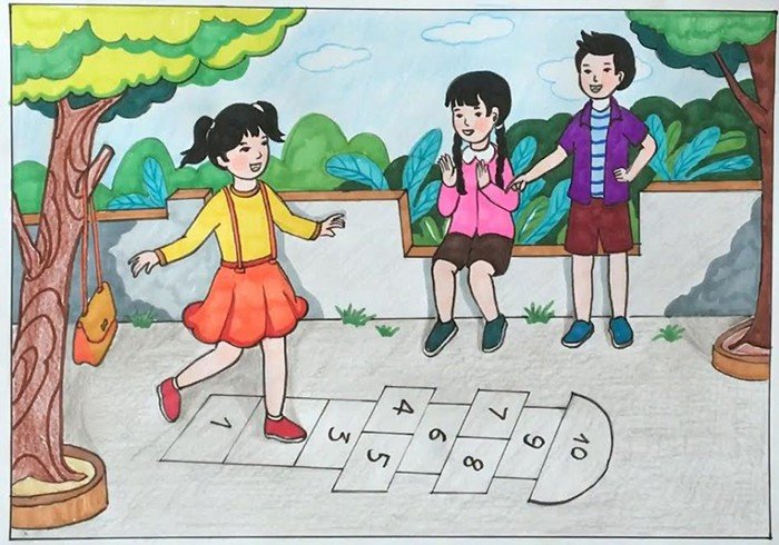 Tranh vẽ trẻ em đang chơi trò nhảy dây vui vẻ