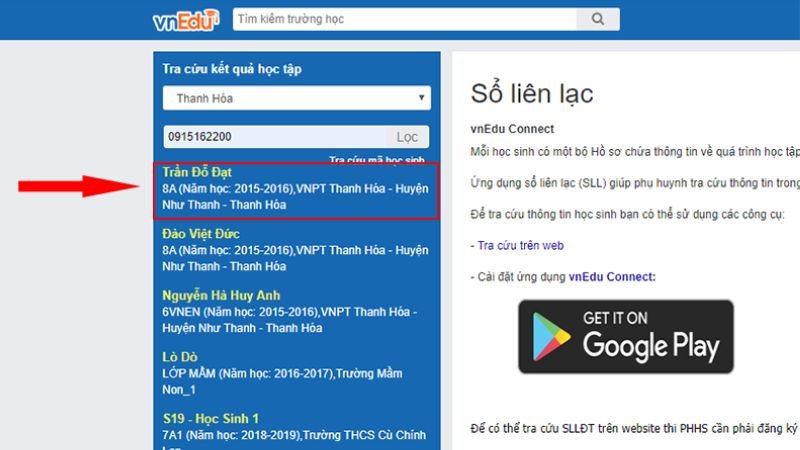 VnEdu giao diện xem điểm học tập