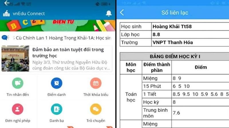 VnEdu xem kết quả học tập trên app